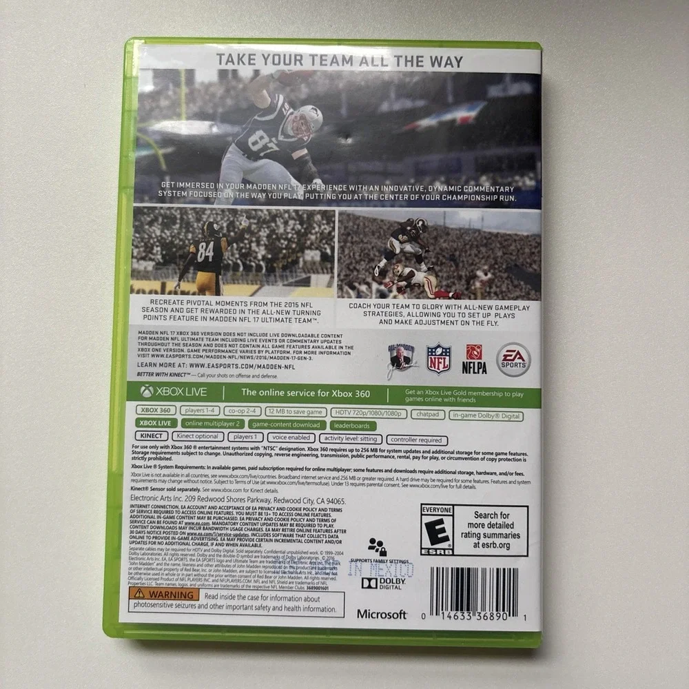 Madden NFL 17 Microsoft Xbox 360 Football Sports Game E NTSC-U/C CIB EA Sports